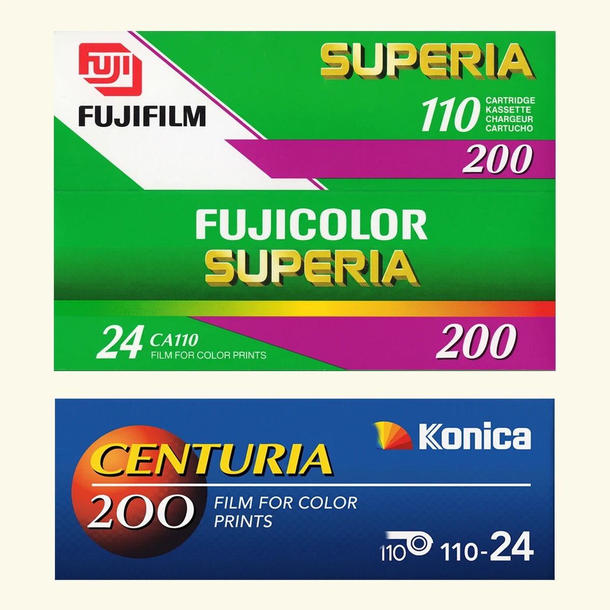 Cajas vintage de Film 110 Fujifilm Superia y Konica Centuria