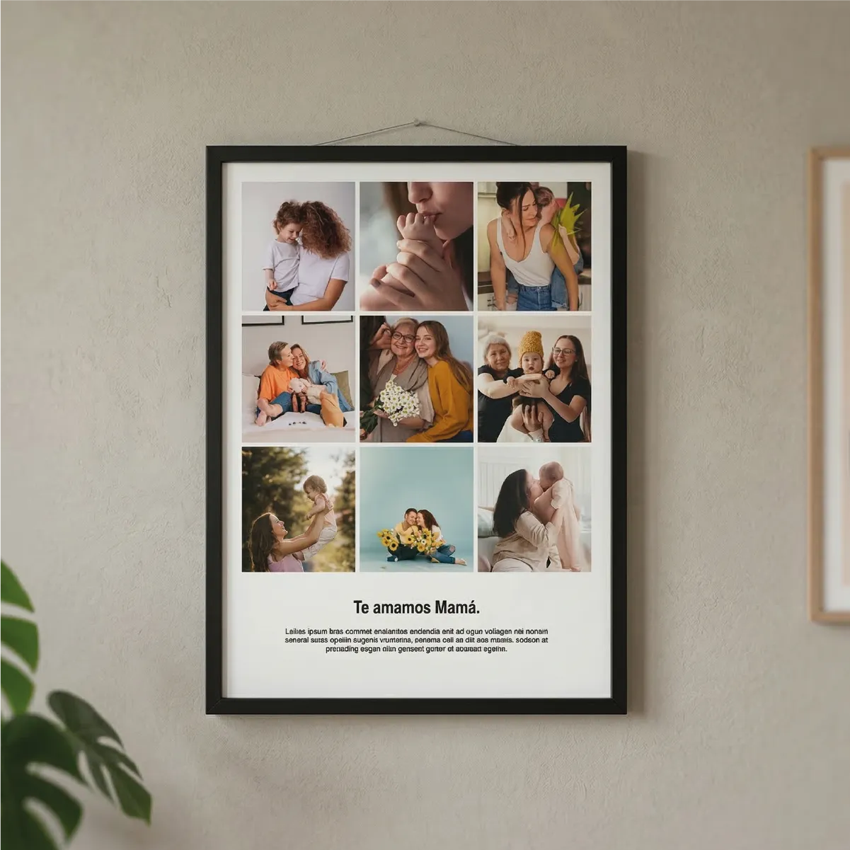 Marco de aluminio negro colgado en una pared de un collage para el dia de la madre
