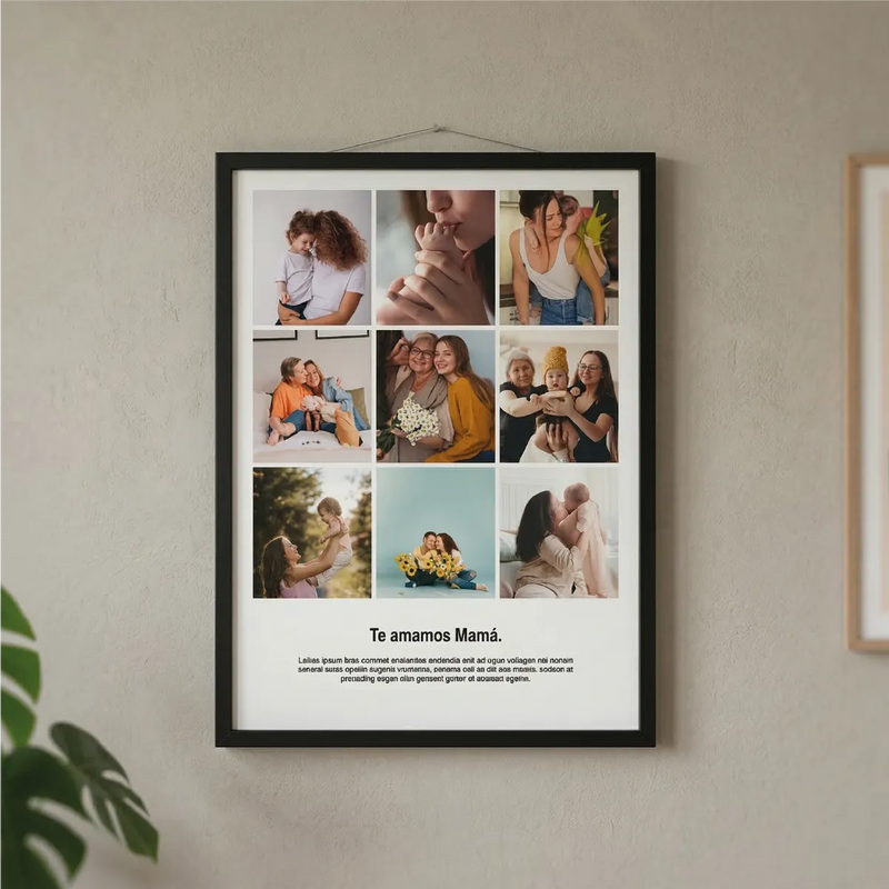 Marco de aluminio negro colgado en una pared de un collage para el dia de la madre