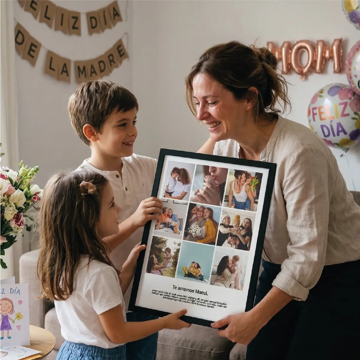 Madre recibiendo regalo de sus hijos para el dia de la madre un marco de foto con collage personalizado