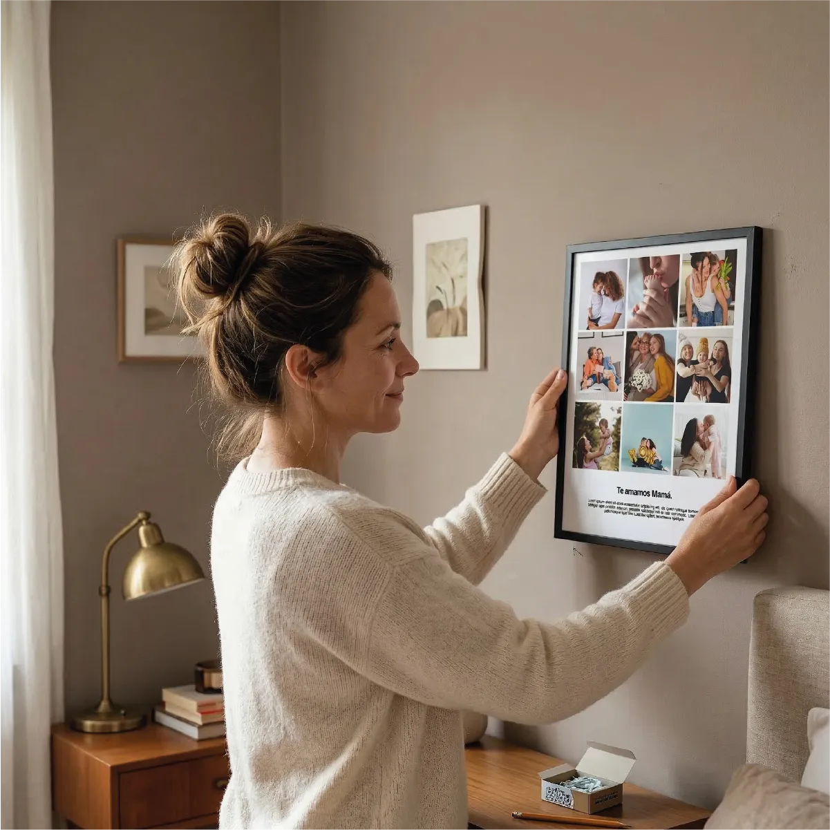 Madre colgando el cuadro en su pared marco de foto con collage personalizado
