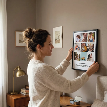 Madre colgando el cuadro en su pared marco de foto con collage personalizado