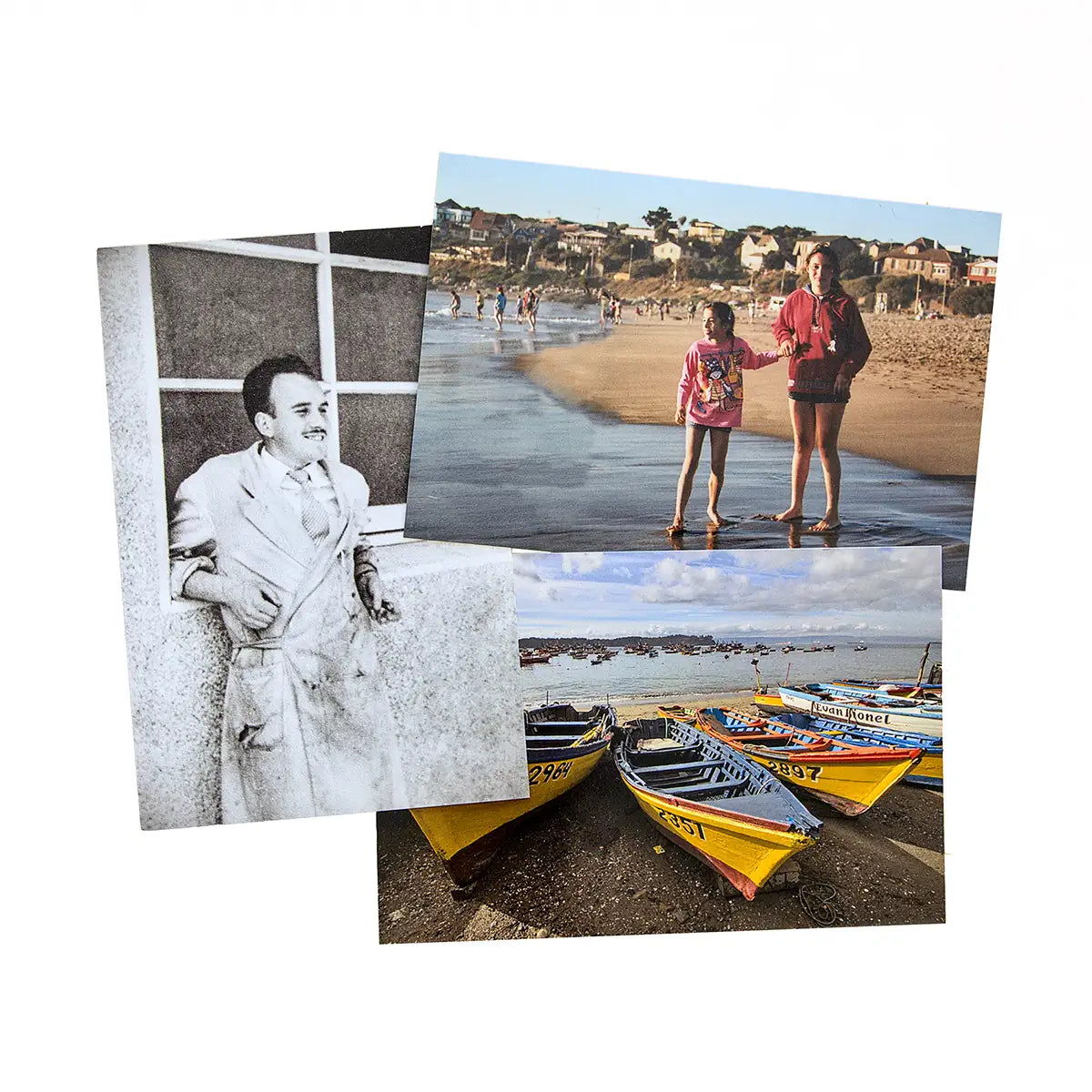 Conjunto de fotografías impresas de personas y botes en la playa