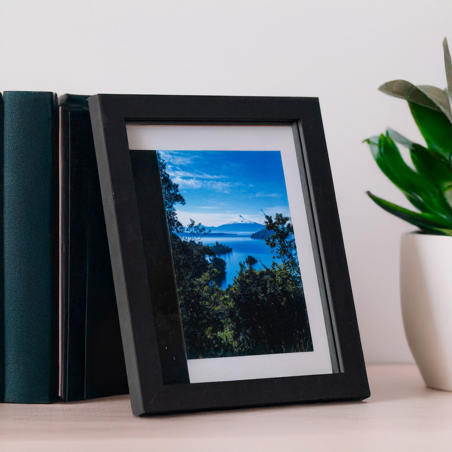 Fotografía de paisaje en marco de fotos negro junto a una planta