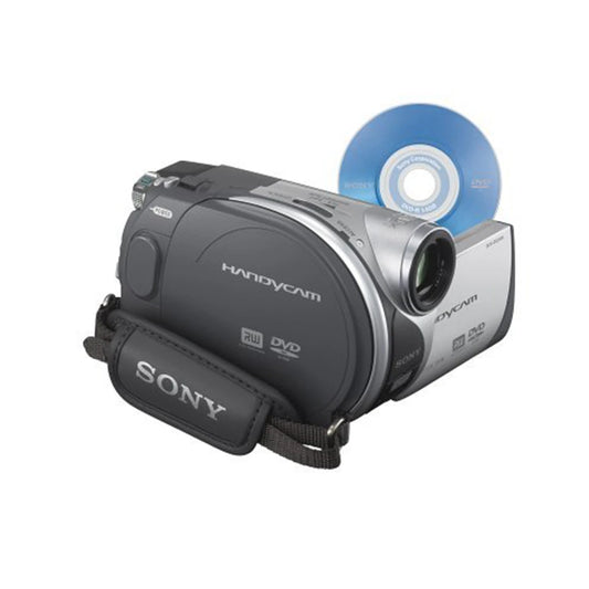 Cámara Sony Handycam DVD junto a un MIniDVD