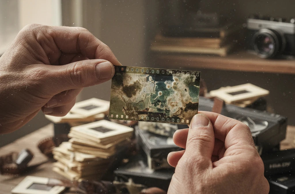 Persona sujetando un negativo de 35 afectado por el paso del tiempo y la humedad